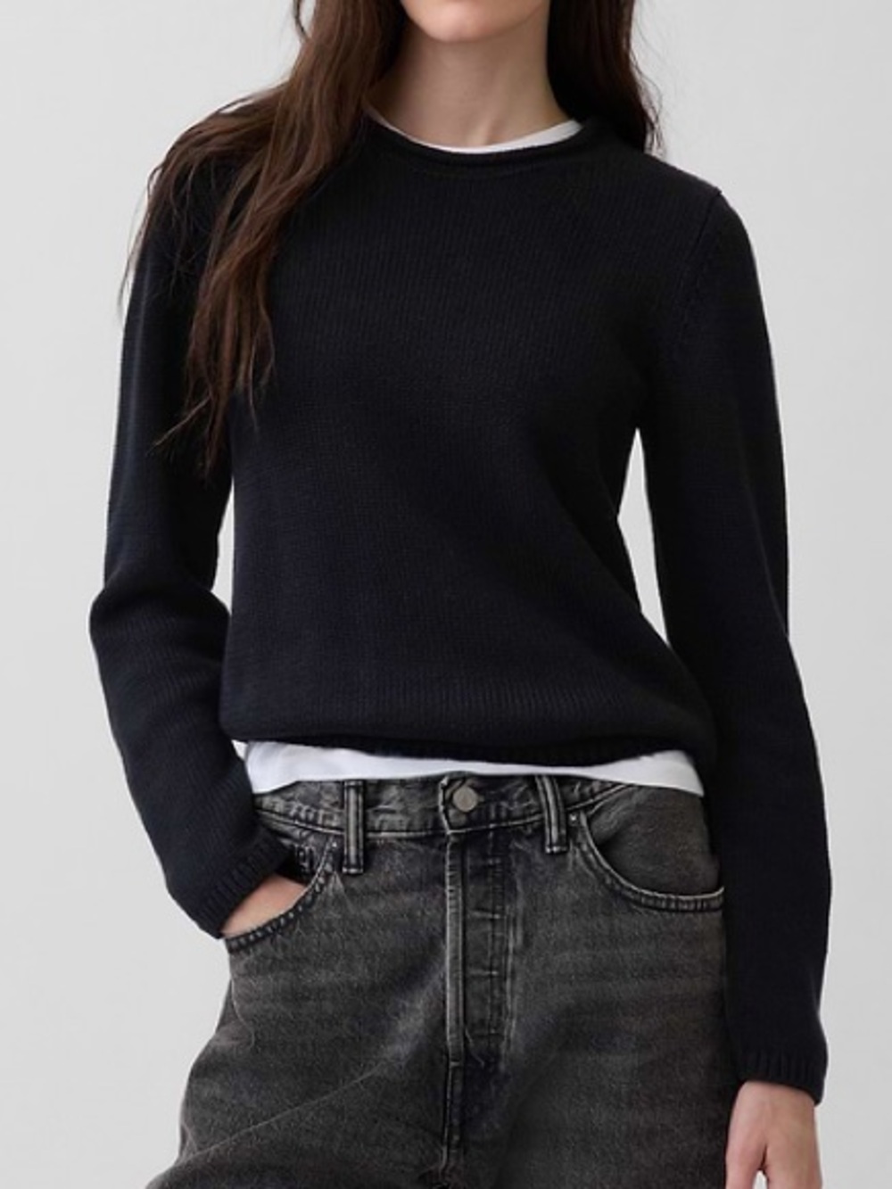 NWT Gap Sz L 100% Cotton Black Knit Roll Up Neck Relaxed Minimalist Sweater